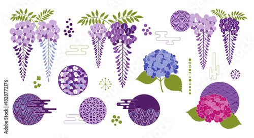 Delicate wisteria blooms & hydrangea elegance create a tranquil floral scene, perfect for spring designs & serene nature themes, originally a scalable graphic