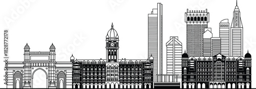 Mumbai cityscape illustration, Gateway of India, heritage buildings, modern skyscrapers, architectural contrast, vector artwork, black-and-white, white background