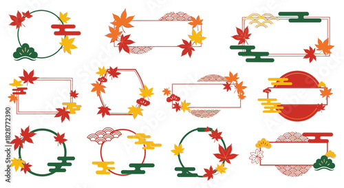 Elegant autumn frames featuring vibrant maple leaves and Japanese wave patterns, perfect for seasonal designs and cultural celebrations, originally vector graphics