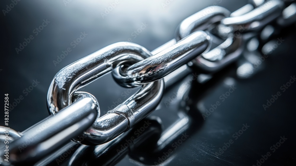 Obraz premium A close up shot of gleaming chrome interlocking chain links of various sizes on a dark reflective surface