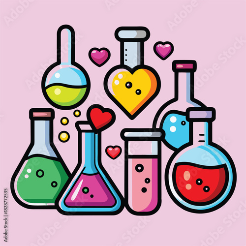 Ten cartoon lab bottles with colorful liquids and hearts