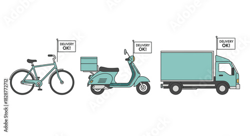 Efficient delivery solutions with bicycle, scooter, and truck ensuring prompt and reliable service, perfect for modern logistics and transportation needs