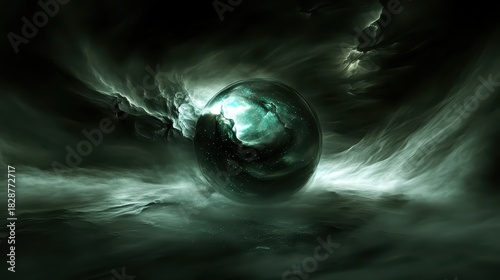 A glowing iridescent sphere of swirling cosmic nebula light emerges from a dark ethereal atmosphere
