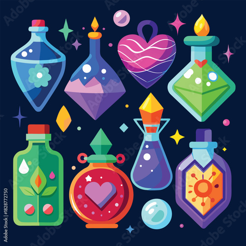 Eight stylized potion bottles in vibrant colors and magical elements