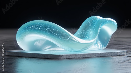 A miniature abstract sculpture of flowing blue resin shapes with sparkling inclusions resting on a stone surface