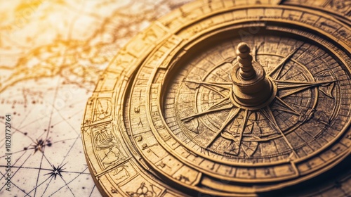 A highly detailed ancient brass astrolabe instrument with intricate engravings rests upon an antique map