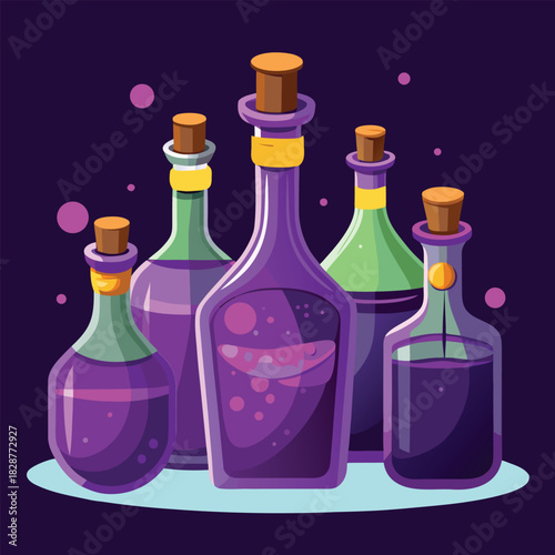 Five stylized glass bottles with purple liquid cork