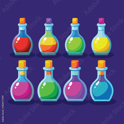 Eight colorful glass potion bottles with cork stoppers