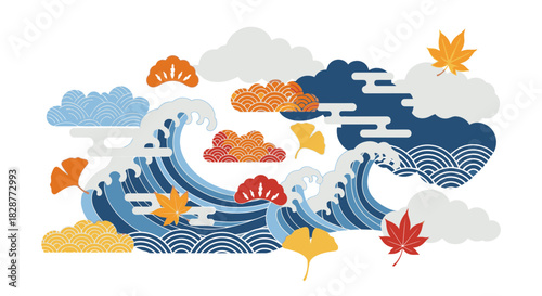 Stunning Asian wave art with autumn leaves, bringing a touch of Japanese elegance to your designs, perfect for adding a cultural flair to your project