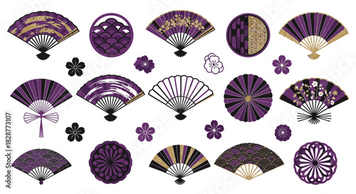 Elegant Japanese fans and flower icons create a vibrant and modern design, perfect for cultural events, branding, or stylish backgrounds with a vector feel