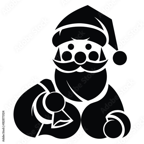 Black silhouette of Santa Claus with a sack of gifts and a round nose and cheeks christmas father