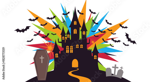 Haunted castle silhouette with spooky bats, graveyard, and coffin for Halloween celebrations, perfect for invitations and social media marketing campaigns