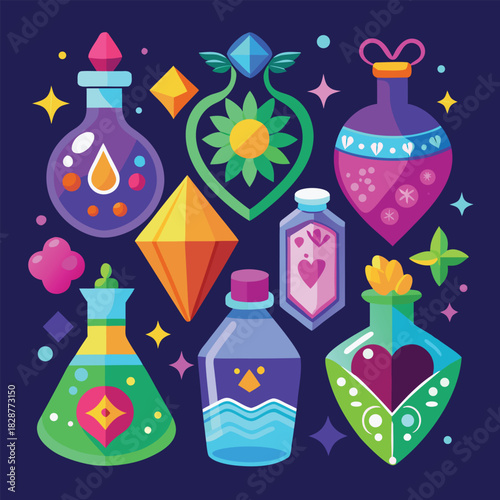 Eight stylized potion bottles in vibrant colors and gems