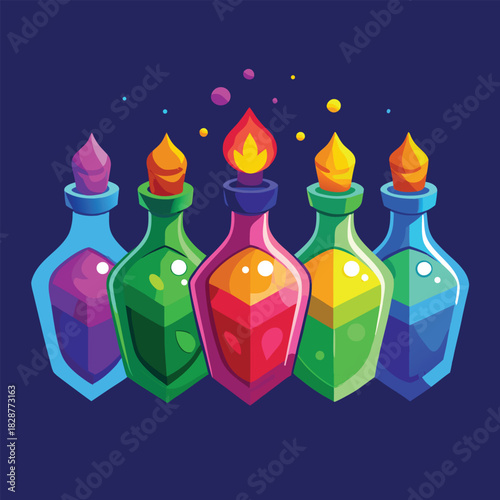 Five colorful glowing potion bottles with flame stoppers