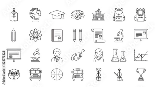 Collection of hand drawn education and business icons in black and white