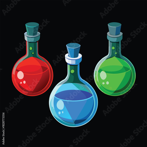 Three round bottom flasks with glowing red blue green liquids
