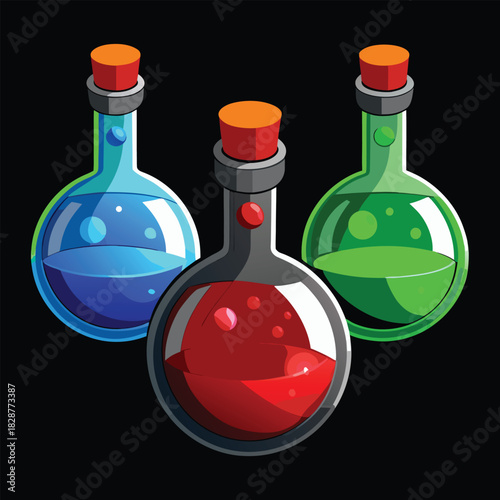 Three round bottom flasks with glowing liquids laboratory