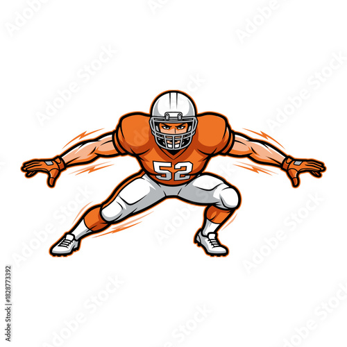 Aggressive Cartoon American Football Player in Orange Uniform Crouching Ready to Move