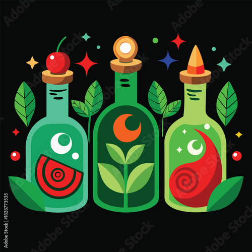 Three stylized potion bottles with cork stoppers and decorative elements