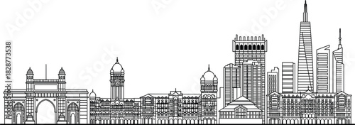 Mumbai skyline illustration, Gateway of India, heritage buildings, modern skyscrapers, architectural contrast, vector artwork, black-and-white, white background