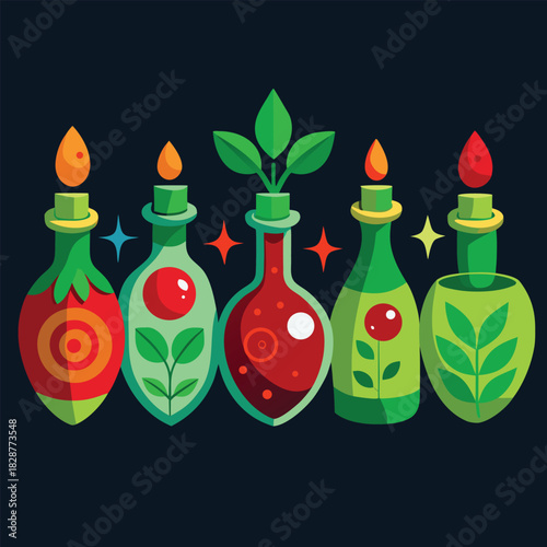 Five stylized potion bottles with cork stoppers and decorative elements