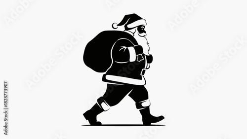 A black and white graphic illustration of Santa Claus in profile, walking and carrying a large sack over his shoulder.
