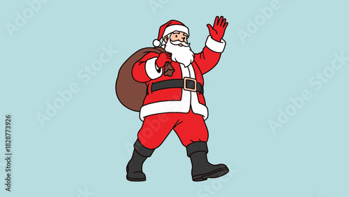 Santa Claus in a red suit with a bag of gifts waving hello.