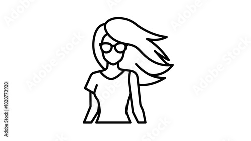 Line art icon of a stylish woman with sunglasses and long hair blowing in the wind.