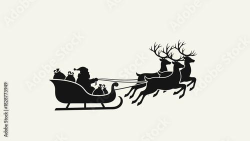 Silhouette of Santa Claus in a sleigh pulled by reindeer, carrying gifts.