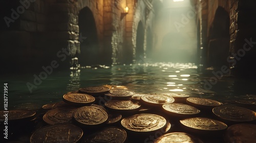 A pile of tarnished gold coins submerged in water beneath ancient stone arches with shafts of light reflecting on the surface