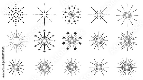 A collection of fifteen different black and white firework burst and sunburst vector icons on a white background.