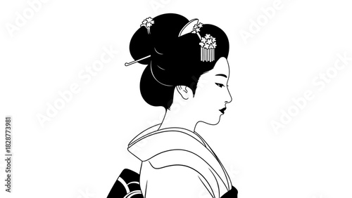 A minimalist black and white illustration of a geisha in profile, with her hair styled in an elaborate updo adorned with decorative pins.