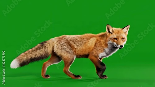 Red fox walking profile isolated on green screen studio background