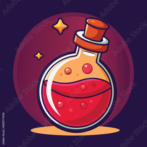 Cartoon round bottle with bright red liquid and stars
