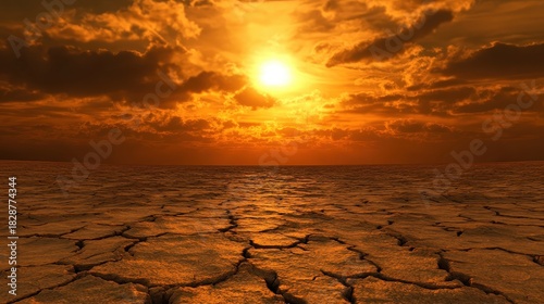 A cracked desert ground under a bright orange sun with heat distorted air and dramatic clouds