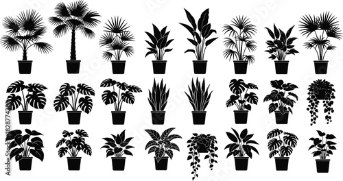 Potted plant silhouette illustration set, indoor greenery, decorative foliage, botanical icons, vector artwork, black design, white background