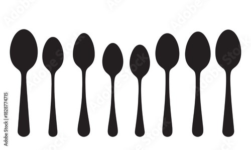 Collection of various sized black spoons in a clean silhouette against a white background silhouette