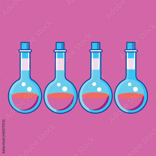 Four round bottom flasks with pink liquid and bubbles