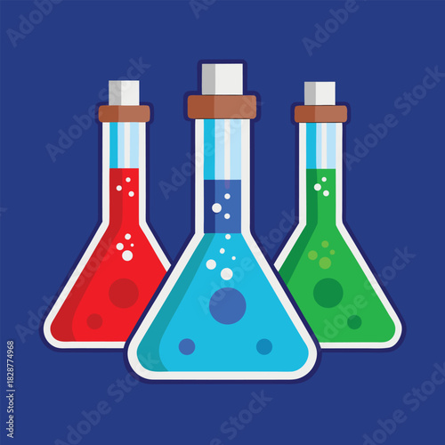 Three conical flasks with colored liquids and bubbles