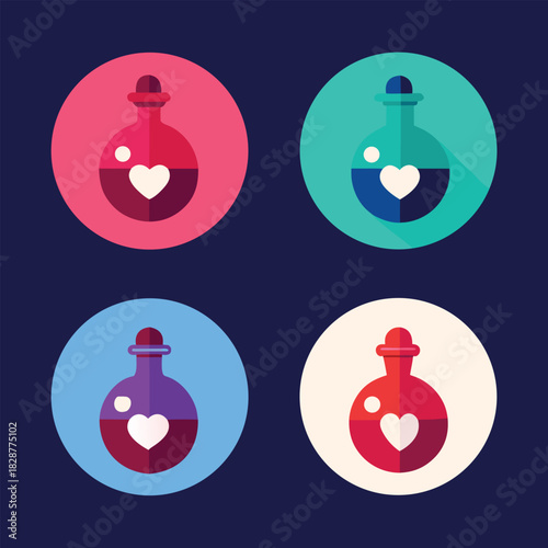 Four circular potion icons with heart shapes love symbol