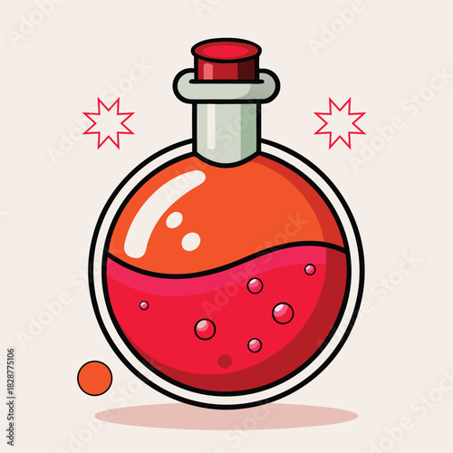 Cartoon round flask with red and orange liquid round bottom flask