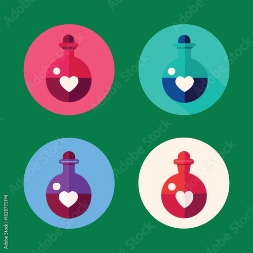 Four circular potion bottles with hearts love potion