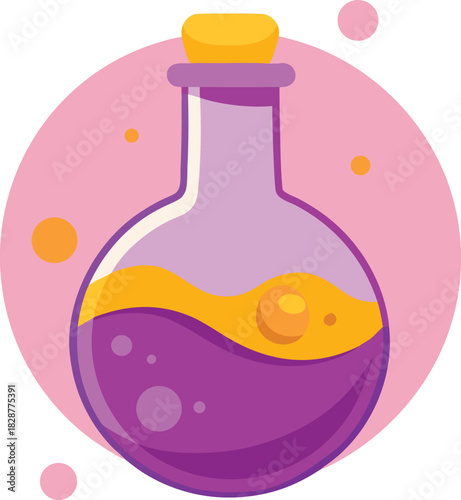 Round bottom flask with purple bubbly liquid and yellow stopper