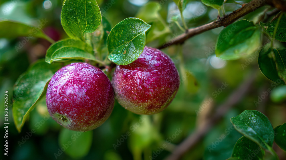 Obraz premium Two red apples hanging on a branch with green leaves and water drops