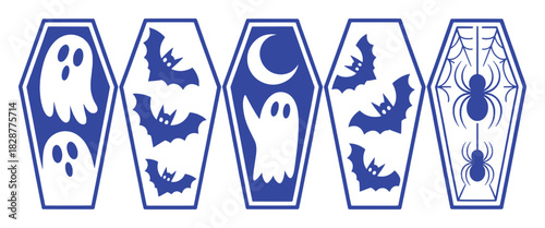 Spooky Halloween Coffin Designs: Ghosts, Bats, Moon, and Spiders