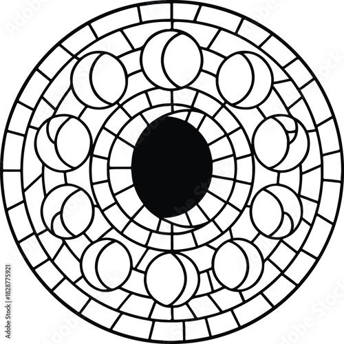 Lunar Eclipse Mosaic Mandala illustration, Celestial Mosaic Clipart, Zodiac Round mosaic pattern, Astrology Sign Stained Glass art, circle Mosaic line art design