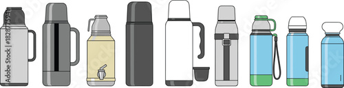 Thermos bottle illustration set, insulated containers, beverage storage,