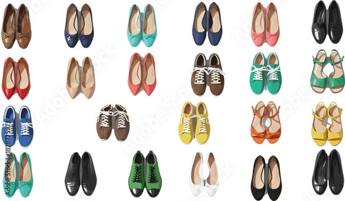 Shoe illustration set, footwear collection, fashion styles, sneakers, sandals, flats, dress shoes, vector artwork, white background