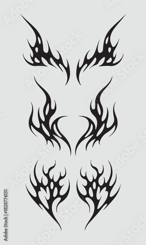 Neo tribal vector art pack. Y2k cyber sigil aesthetic tattoo, simmetric ethnic celtic shape. Vector illustration of emo gothic tribal tattoo designs, acid metal music poster