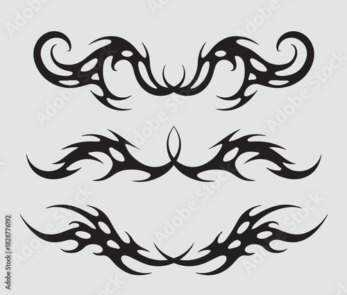 Neo tribal vector art pack. Y2k cyber sigil aesthetic tattoo, simmetric ethnic celtic shape. Vector illustration of emo gothic tribal tattoo designs, acid metal music poster